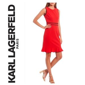 Karl Lagerfeld Scuba Sheath Red Sleeveless Scalloped Ruffled Hem Size 14 NWT